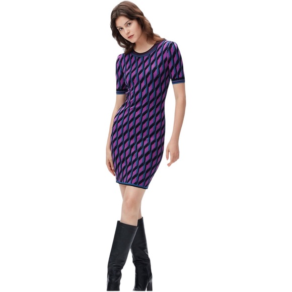 Diane Von Furstenberg Dvf Anahi Cube Chain Purple Mini Sweater Dress Size S - Picture 1 of 8
